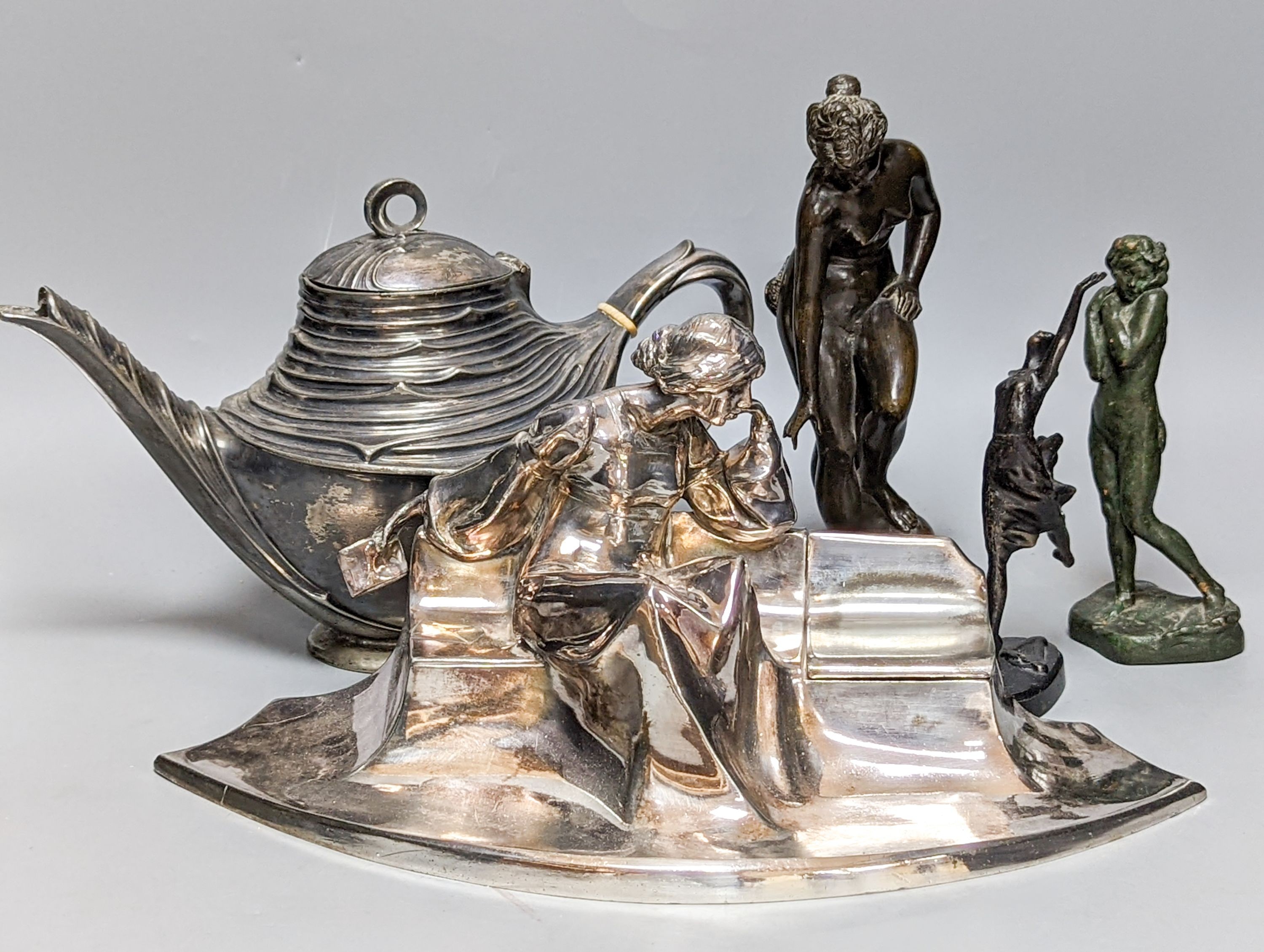 A WMF pewter teapot, an early 20th century bronze of Venus with dolphin, 2 other figures and a WMF style figural desk stand 36cm